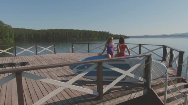 Panning Πυροβολισμό Των Δύο Γυναικών Φίλους Στέκεται Ξύλινη Προβλήτα Λίμνη — Αρχείο Βίντεο