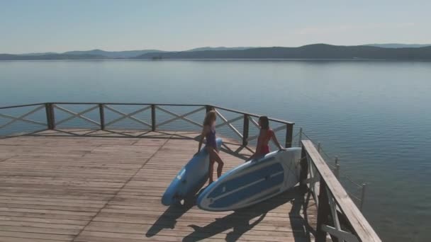 Śledzenie Wysokiej Kąt Strzał Pięknej Scenerii Jeziorem Niebo Drewniane Molo — Wideo stockowe