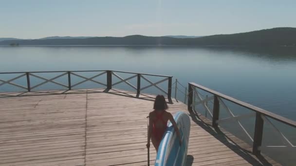 Rıhtımda Göl Manzarasında Sörf Yapmaya Hazırlanan Sağlıklı Bir Kadının Yüksek — Stok video