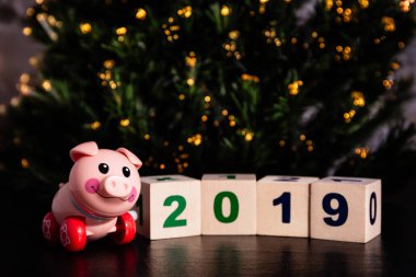 pembe oyuncak domuz küpleri hangi yanında 2019 Noel ışıkları arka plan üzerinde bulunmakta
