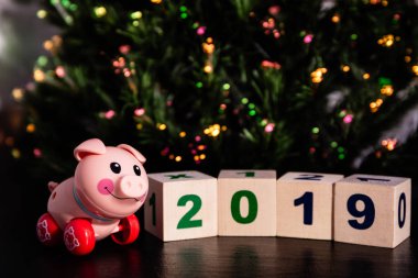 pembe oyuncak domuz küpleri hangi yanında 2019 Noel ışıkları arka plan üzerinde bulunmakta