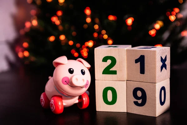 pink toy pig next to cubes on which is written in 2019 on the background of red Christmas lights