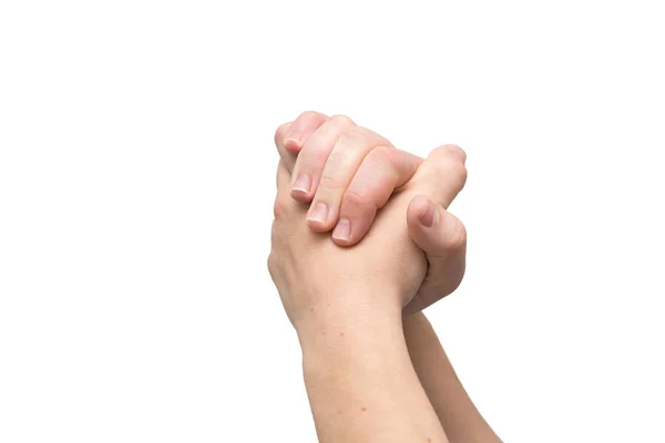 Ręce połączone razem oznaczające zwycięstwo lub sukces biznesu na białym tle — Zdjęcie stockowe