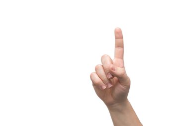 Bir erkek elinin işaret parmağı beyaz bir arka plan üzerinde izole işaret ediyor. Dikkat işareti. Sayımdaki bir numara..