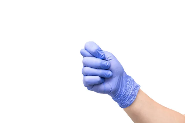 Fig as a hand gesture, denoting humiliation or denial. Male hand in purple latex glove. — Stock Photo, Image