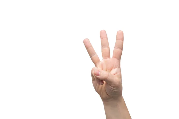 Erkek el beyaz arkaplanda üç parmak gösteriyor, metin için yer — Stok fotoğraf