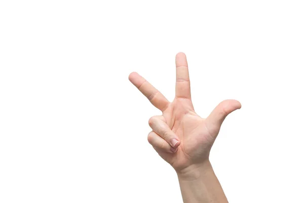 Erkek el beyaz arkaplanda üç parmak gösteriyor, metin için yer — Stok fotoğraf