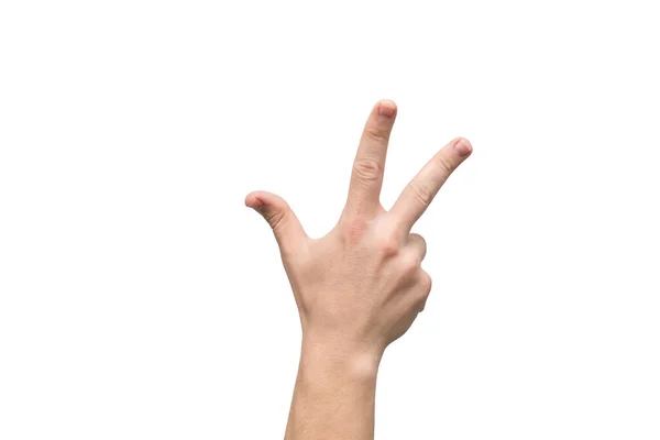 La mano masculina muestra tres dedos aislados sobre fondo blanco, lugar para el texto — Foto de Stock