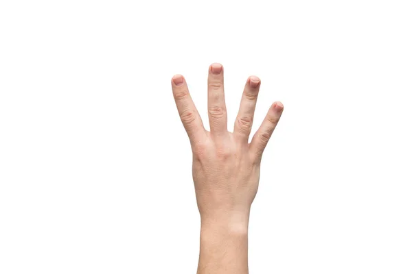 La mano masculina muestra cuatro dedos aislados sobre fondo blanco, lugar para texto — Foto de Stock