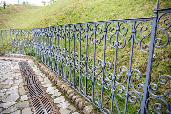 Forged decorative iron fence. A gray-blue patterned fence in an architectural and historical place.