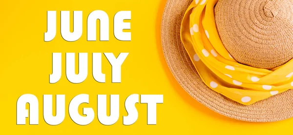 Word June Written Letters Yellow Background Straw Hat Concept Summer — Stock Photo, Image