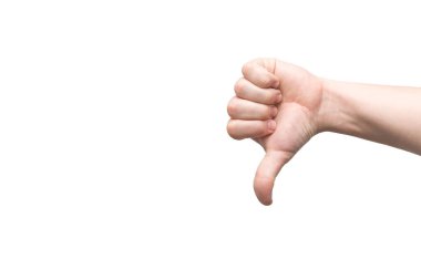 Sol tarafta beyaz arka planda el parmağı var. Reddetme sembolü.