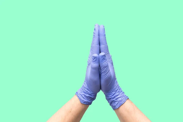 Hands Latex Medical Gloves Folded Together Indicating Process Prayer Hope — Stock Photo, Image