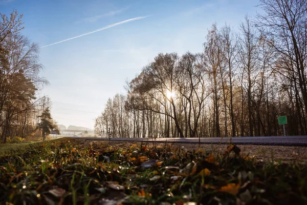 Asphaltierte Überlandstraße Die Ferne Einem Herbstmorgen Die Sonnenstrahlen Scheinen Durch — Stockfoto