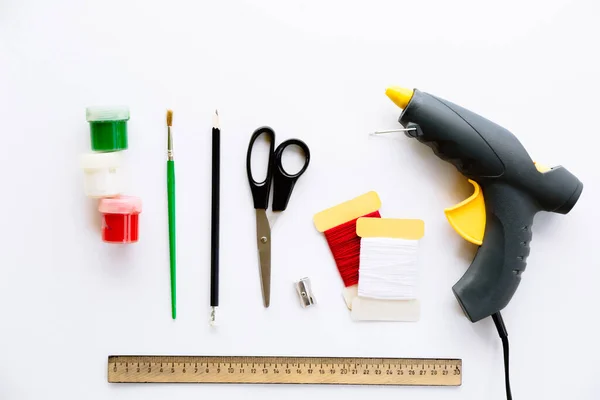 Régua Tesoura Lápis Escova Tintas Guache Acrílico Linha Apontador Pistola — Fotografia de Stock