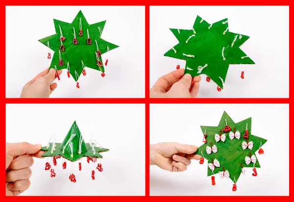 段ボール 動物の形のパスタ 綿やトイレットペーパーチューブから新年やクリスマスツリーを作る方法をステップバイステップの写真の指示 赤の背景 — ストック写真