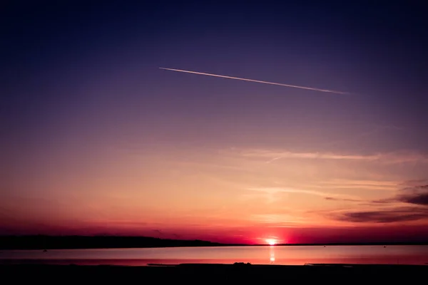 青とピンクのグラデーションの空の上に明るい夕日の意志の枝を通して夕日の景色 — ストック写真