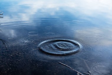 Su, su yüzeyine yansıyan mavi gökyüzü, yaşam ve depresyon psikolojisi ve doğa ile su sıçrar ve dalgalanır.