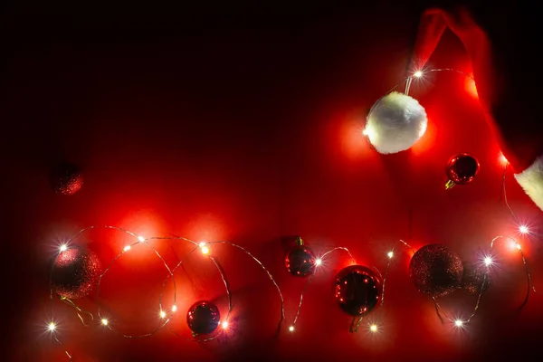 New Year Red Banner Santa Hat Garland Christmas Glitter Balls — Stock Photo, Image