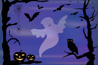Cadılar Bayramı tasarım - hayalet, pumpkins, örümcek ve yarasalar siste, koyu mavi gökyüzü arka plan