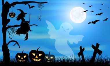 Cadılar Bayramı tasarım - hayalet, cadı, pumpkins, mezarlık, örümcek ve yarasalar grange mavi ve büyük arka plan ay