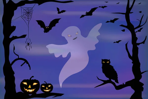 Halloween Ontwerp Ghost Pompoenen Spinnen Vleermuizen Mist Donker Blauwe Hemelachtergrond — Stockfoto