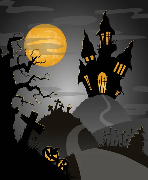 Halloween Night Old Castle Road Castle Big Yellow Moon Dry — Stock Photo, Image