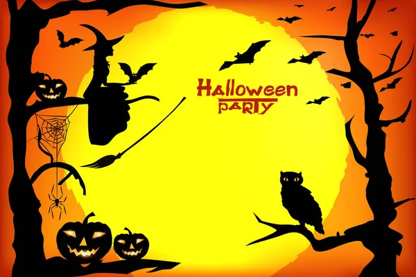 Halloween  design - witch, pumpkins, spider and bats on orange moon background