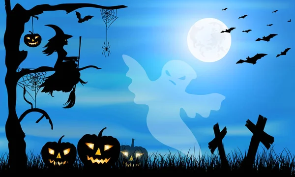 Halloween Design Ghost Witch Pumpkins Cemetery Spider Bats Grange Blue — Stock Photo, Image