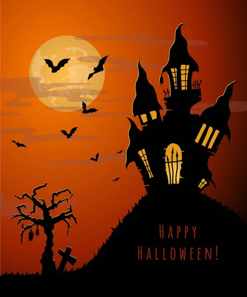 Notte Halloween Vecchio Castello Cielo Arancione Grande Luna Gialla Albero — Foto Stock