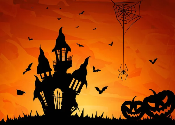 Halloween Scener Brght Orange Background Black Silhouettes Castle Spider Cobweb — Stock Photo, Image