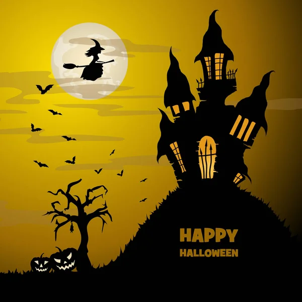 Notte Halloween Vecchio Castello Colline Grande Luna Gialla Pipistrelli Volanti — Foto Stock