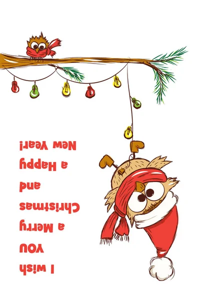 Childish Chrictmas Card Amusing Small Owl Sit Spruce Branch Large — Stock Photo, Image