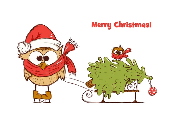 New Year Greetings Card Children Two Funny Owls Who Carry — Stock Photo, Image