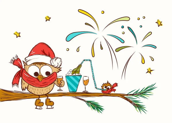 童年时代的圣诞贺卡 两只戴着红色围巾和帽子的有趣的猫头鹰坐在圣诞树的枝头上 猫头鹰喝着玻璃杯中的饮料 玻璃杯中的冰块 白色背景上的矢量图解 — 图库照片#