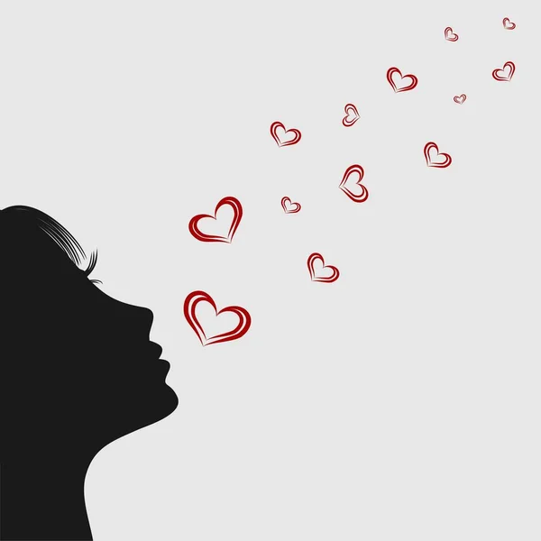 Girl blowing on hearts. Silhouette. — Stock Vector