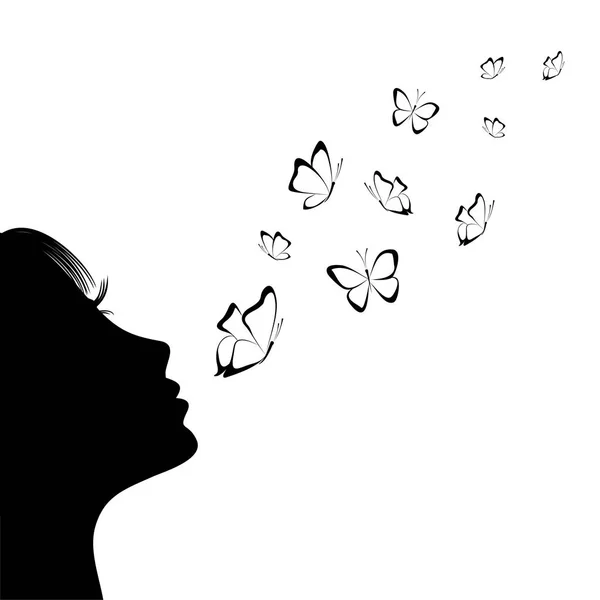 Chica soplando mariposas. Silueta . — Vector de stock