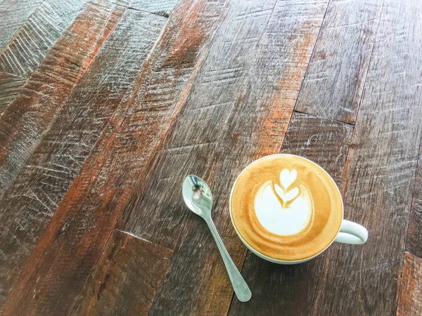 Coração Desenho Café Quente Xícara Azul Textura Madeira Com Cópia — Fotografia de Stock