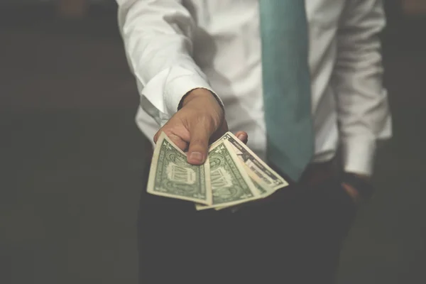 Businessman Holding Banknote Money Forward Success Solving Problem Vintage Tone — Stock Photo, Image