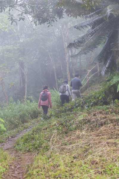 Asia Chica Madre Hija Mochila Detrás Senderismo Escalada Naturaleza Montaña —  Fotos de Stock