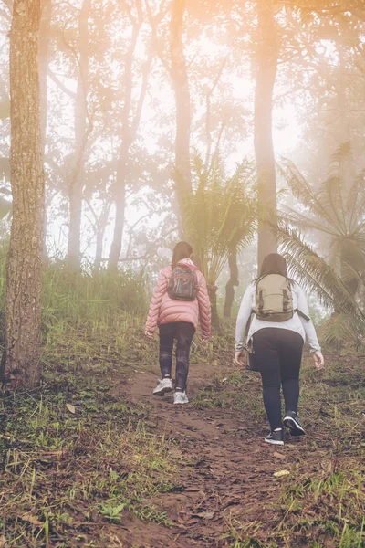 Asia Girl Mother Daughter Backpack Hiking Climbing Nature Mountain — Stock Photo, Image