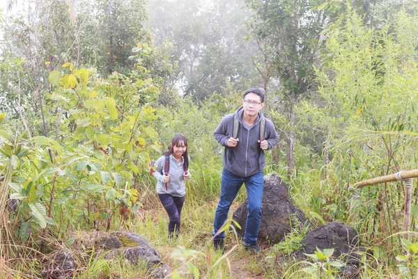 Asya Baba Kızı Sırt Çantası Arkasında Yürüyüş Gitmek Veya Doğa — Stok fotoğraf