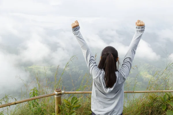 Asia Girl Relax Refresh Mountain Background Landscape High Mountains White — Stock Photo, Image