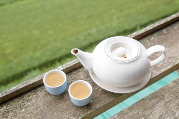 Panela Chá Xícara Chá Quente Quente Mesa Madeira Com Cópia — Fotografia de Stock