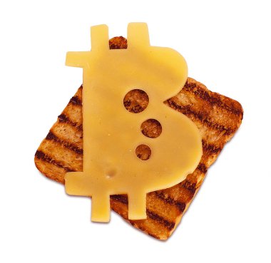 Bir dilim peynir bitcoin kızarmış ekmek üzerine şeklinde. Yenilebilir bitcoin