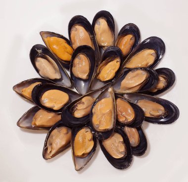 Yaprakları beyaz bir arka plan üzerinde pişirilmiş midye