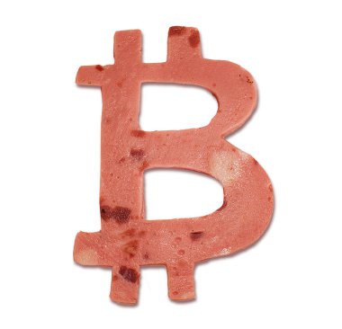 Sosis bitcoin şeklinde dilim. Yenilebilir bitcoin