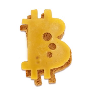 Bir dilim peynir bitcoin kızarmış ekmek üzerine şeklinde. Yenilebilir bitcoin.