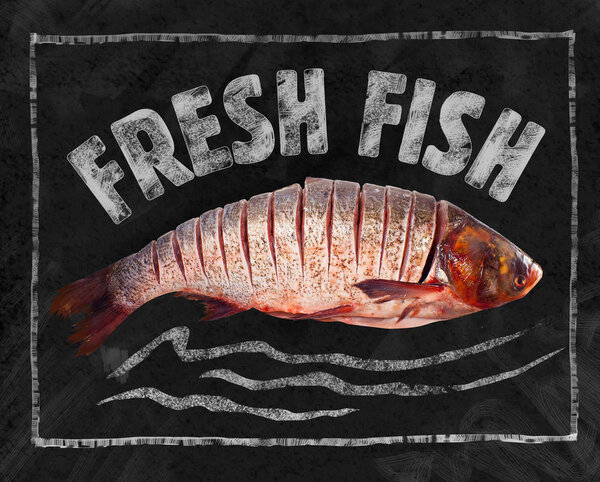 Salmon fish on black chalk Board. Inconnu. Place for text. For fish lovers