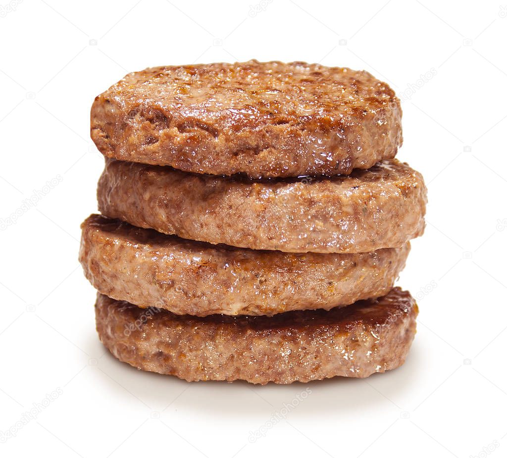 fried Burger patties on white background, Fried Burger Beef Patty